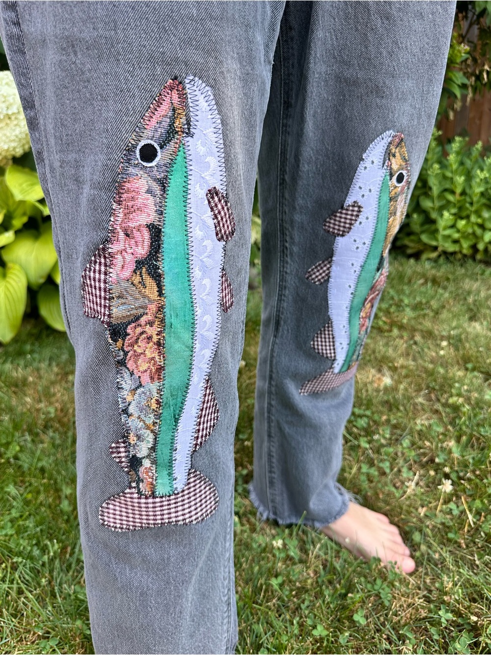 Upcycled Patchwork Trout Fish Jeans